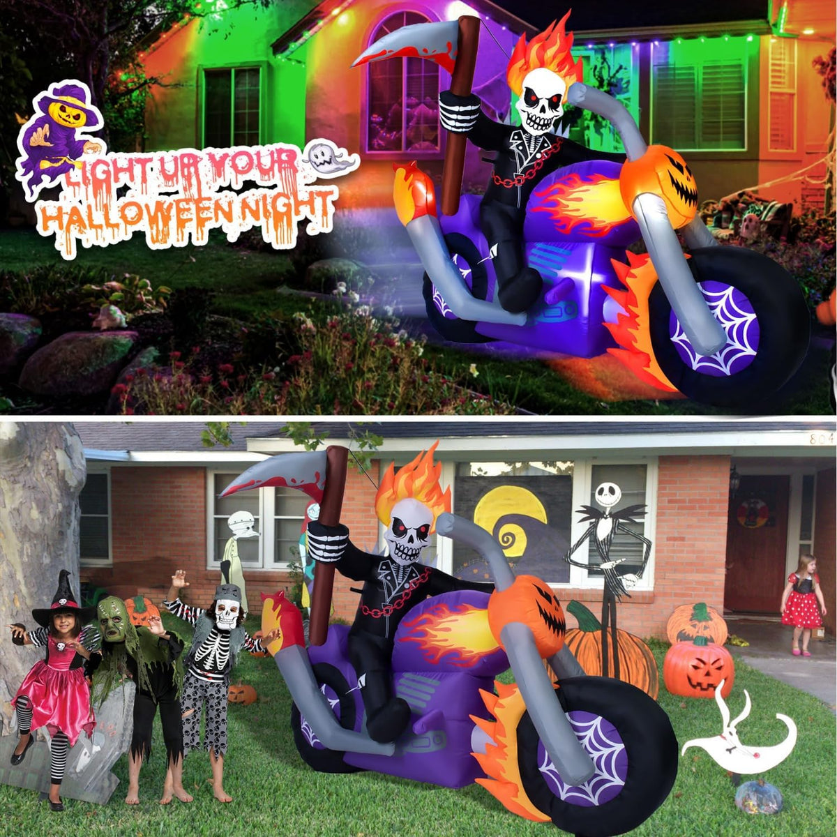 6 ft halloween inflatable grim reaper motorcycle with, close-up detail
