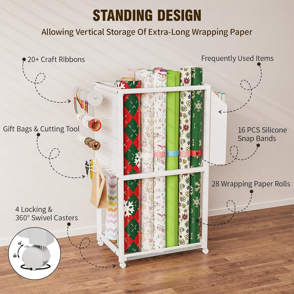 Wrapping Paper Storage, Rolling Gift Wrap Paper Organizer Cart with Wheels