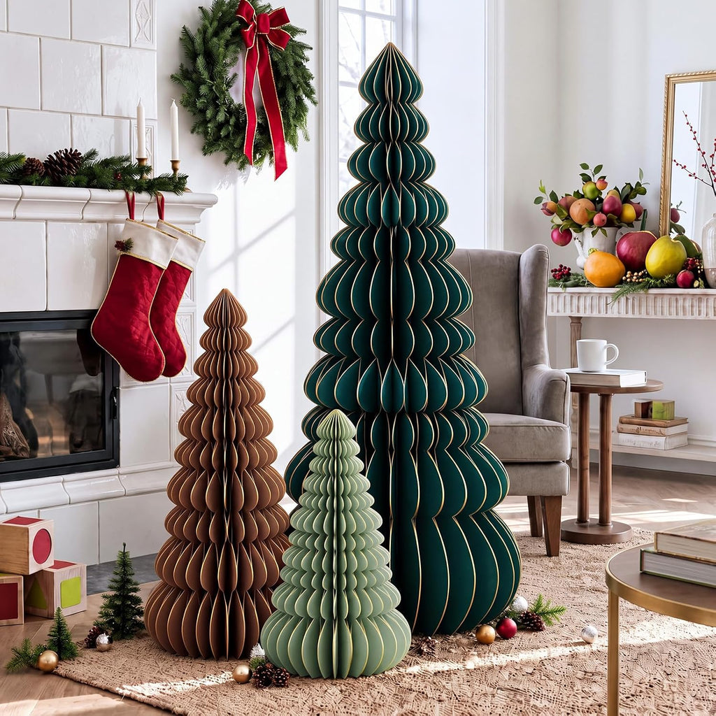 GlikCeil 3 Set Large Honeycomb Paper Christmas Tree Tall, Neutral