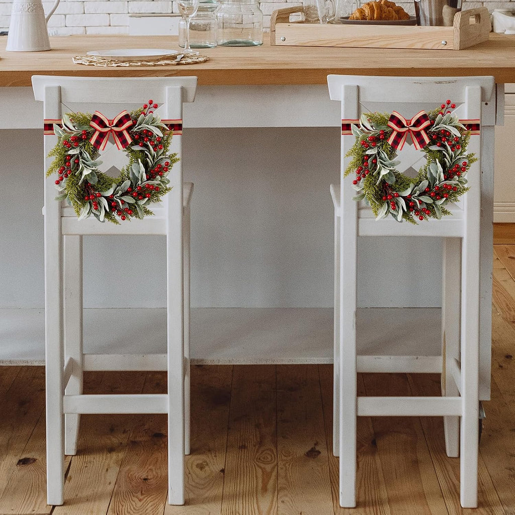 9.8" small red black christmas wreath with ribbon on a desk or shelf