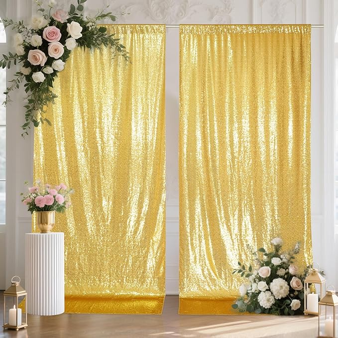 SquarePie Sequin Backdrop Curtain 8FT x 10FT Gold Satin Backing Fabric Photography Background for Wedding Patry 4FT x 10FT 2 Panels (2 PCS)