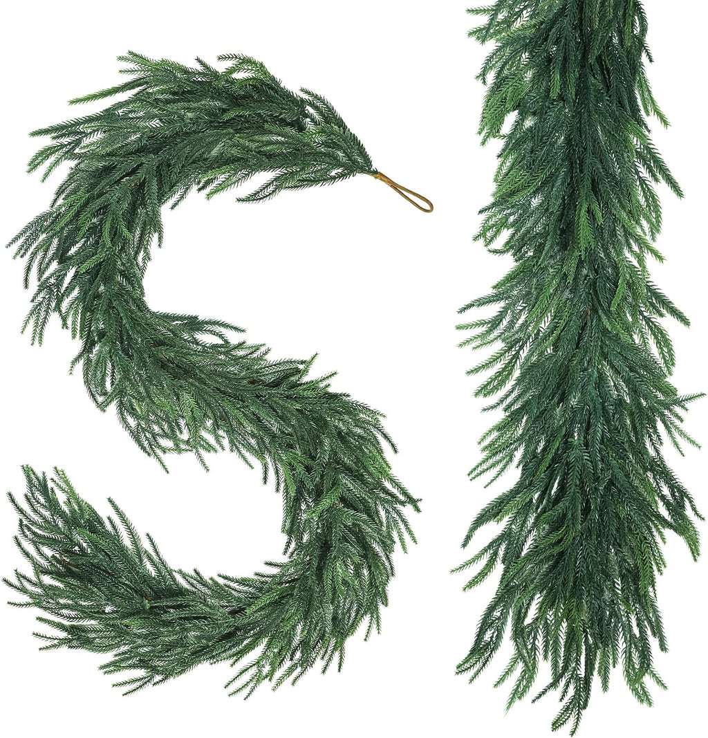 2 Pcs 9FT Artificial Norfolk Pine Garlands, Real Touch Thick Christmas Norfolk Greenery Garland for Mantle Banister Dinner Table Decor