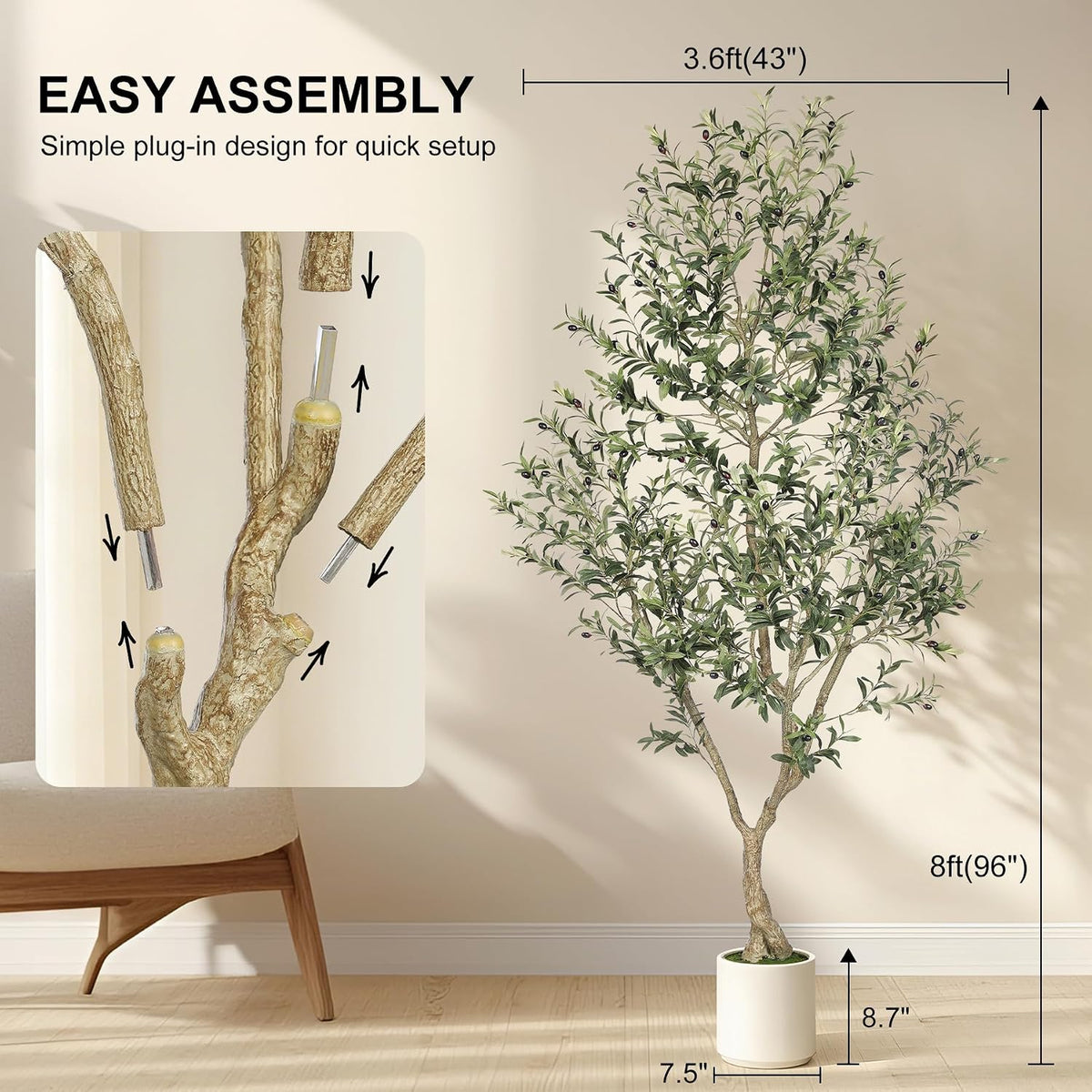 lyerse faux olive tree 8ft with sturdy white on a desk or shelf