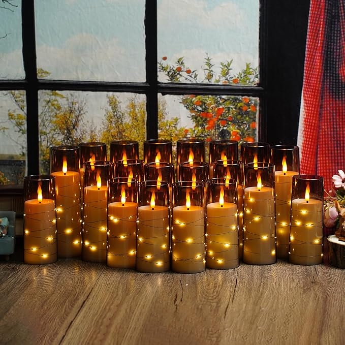 Flickering Flameless LED Candles,Battery Operated Candles 24 Pcs with Embedded Star String,Acrylic LED Pillar Candles with Remote,Suitable for Home Decoration to Create an Atmosphere (Grey)