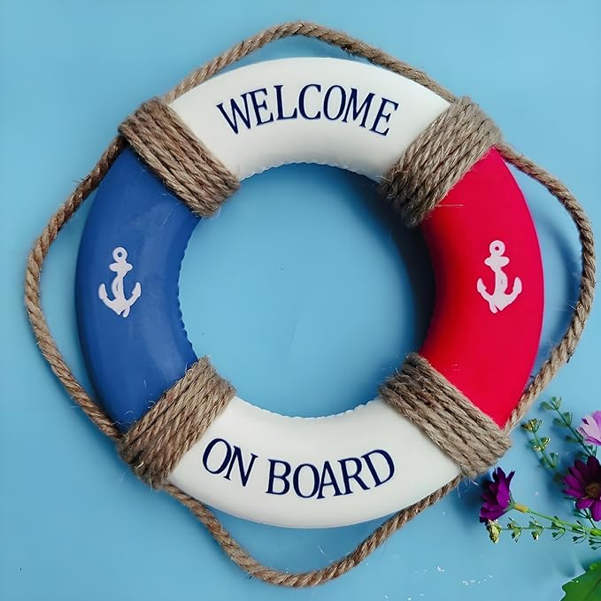 MorroMorn Lifebuoy Wall Hanging Decor - Welcome Aboard Mediterranean Style Home Decoration Hemp Rope (Red & Blue, 20")