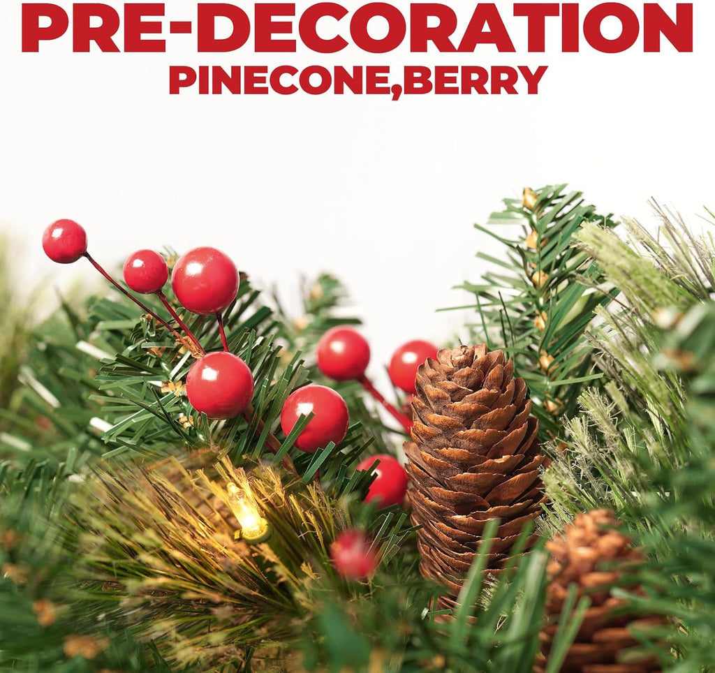OasisCraft Christmas Tree, 6 FT Prelit Pop Up Christmas Tree with Lights, Artificial Christmas Tree Decorated with Berries and Pine Cones, Tall Foldable Tree with Metal Base, Green for Outdoor Indoor