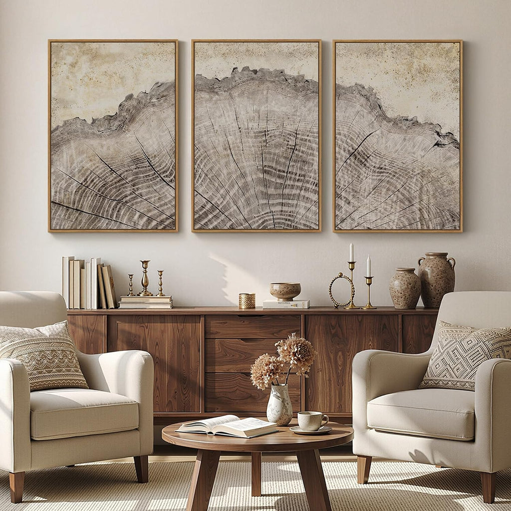 large framed modern farmhouse tree ring wall art shown in use