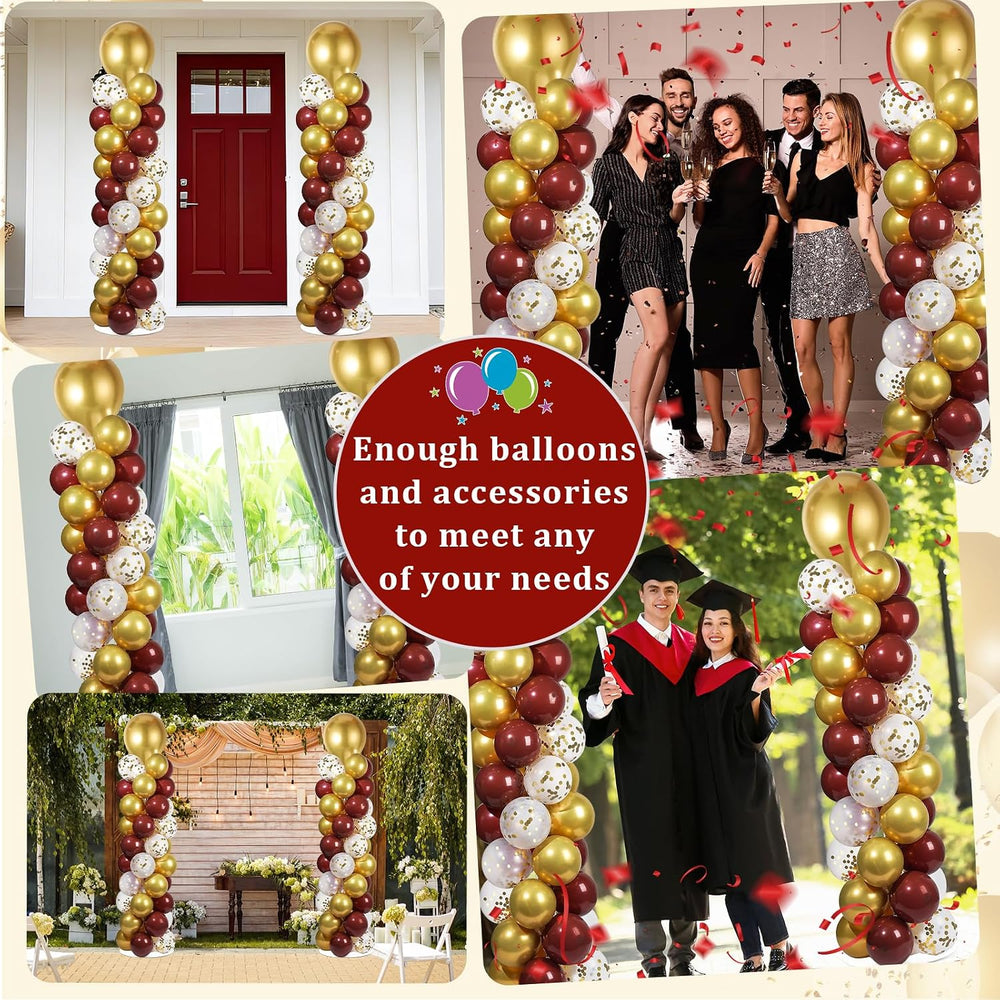 2 Sets Adjustable Balloon Column Stand Kit with Bases（Burgundy Red Gold）