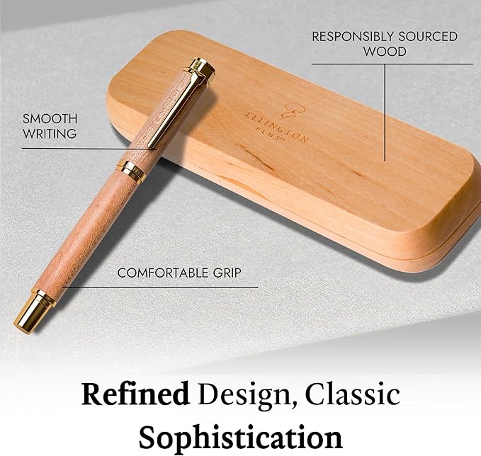 Ellington Pens Elegant Wood Fountain Pen Set – Includes Wooden Pen Box, Ink Converter, 6 Ink Cartridges, and Gift Box – Writing, Calligraphy