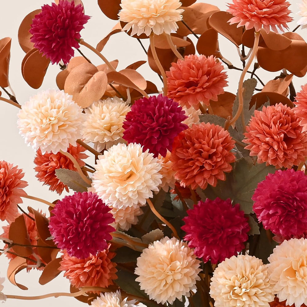 12 Pcs Realistic Fall Flowers Fake Mums with Vase, Full Silk Pompon Bulk