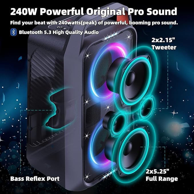 Portable Bluetooth Speaker: 240W Peak Powerful Loud Sound Deep Bass Wireless Boombox Large Subwoofer 15 Hours Battery Life Fast Charging with Led Light Show for Party Outdoor Camping Backyard