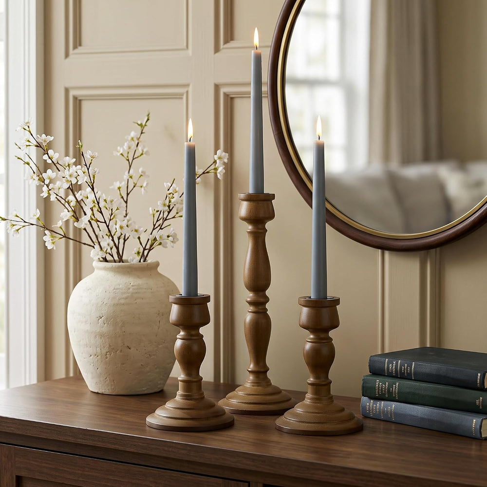 Wooden Taper Candle Holders Set of 3, Rustic Brown Farmhouse Decor