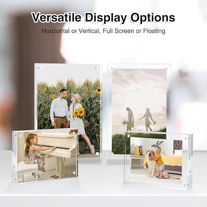 HOUSE DAY Acrylic Picture Frames 5x7, 6 Pack Magnetic 5x7 Picture Frame, Double Sided Clear 5 x 7 Photo Frame with Microfiber Cloth, Frameless FreeStanding 5x7 Frame Gift for Desktop Display
