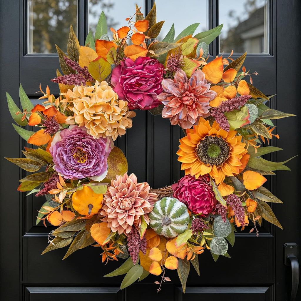 24 Inch Artificial Fall Wreaths for Front Door Outside with Sunflower,Peony