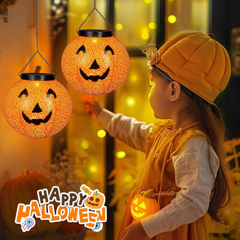 J-HVA 2-Pack Solar Halloween Pumpkin Lanterns Hanging Light,Halloween Decor