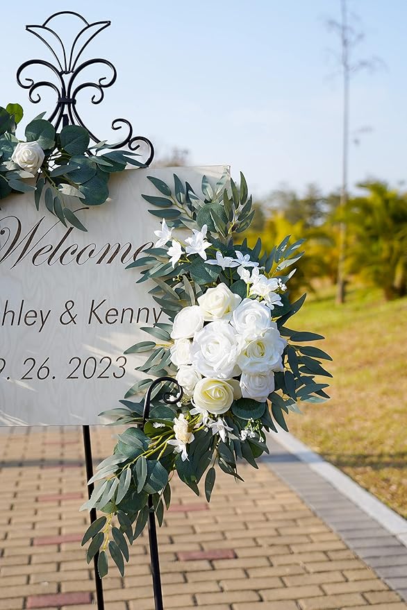 ponatia Wedding Arch Flowers (Pack of 2), Artificial White Wedding Flowers for Wedding Welcome Signs Decorations and Arch Flowers for Wedding Ceremony Reception (White & Ivory)
