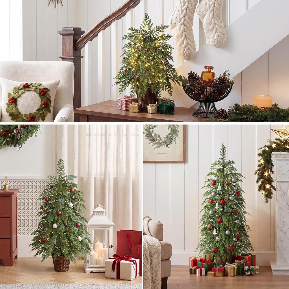 VeriNatural 2ft 3ft 4ft Prelit Twinkle Christmas Trees in Woven Baskets