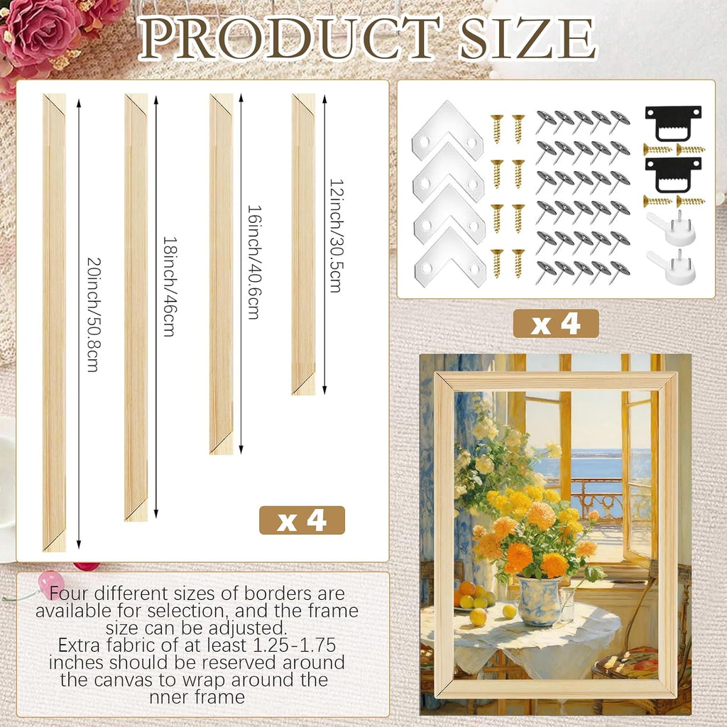 4 Pack Canvas Stretcher Bars, 4 Sizes Included (12/16/18/20 Inch), Easy to Assemble DIY Wooden Frame Kit for Painting, Prints, Posters, Embroidery(4 Sizes)