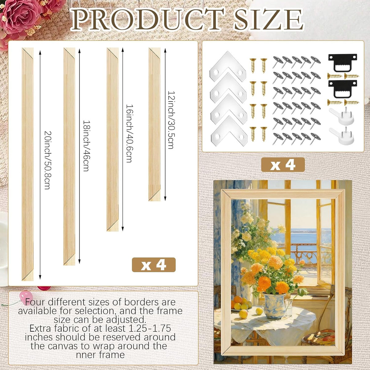 4 Pack Canvas Stretcher Bars, 4 Sizes Included (12/16/18/20 Inch), Easy to Assemble DIY Wooden Frame Kit for Painting, Prints, Posters, Embroidery(4 Sizes)