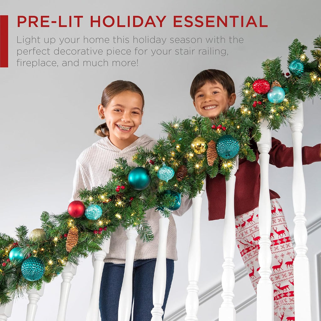 Best Choice Products 9ft Pre-Lit Holiday Pre-Decorated Christmas Garland for Stairs, Fireplace, Decoration w/PVC Tips, 50 Lights, Pine Cones, Berries - Unflocked