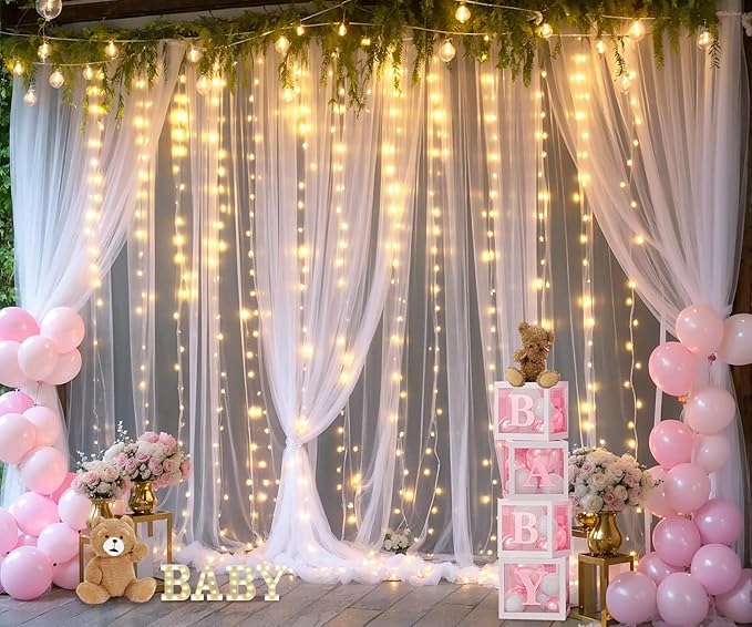 White Backdrop Curtains with Lights String for Wedding Parties 10×10ft Sheer Tulle Backdrop Curtain for Bridal Shower Baby Shower Birthday Party Photo Shoot Background Decorations(2 Panels 10ft×10ft)