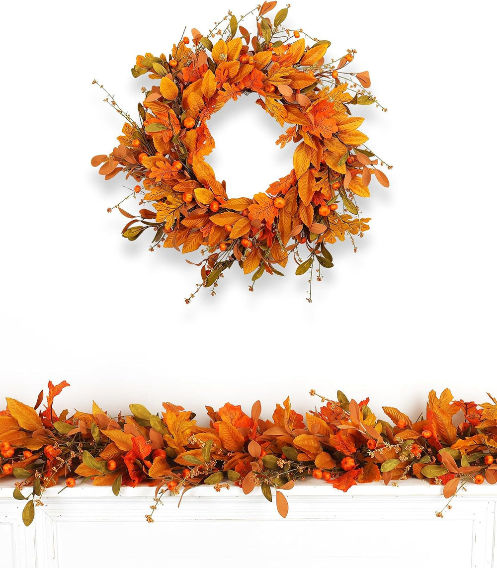 Fall Halloween Wreath for Front Door 24 inch Autumn Leaves Pumpkin