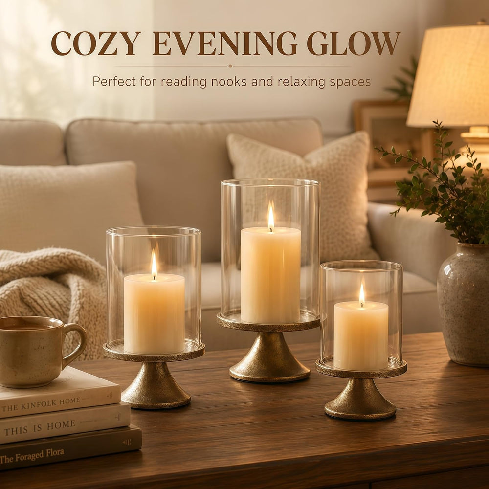 Hurricane Glass Candle Holders Set of 3, Weighted Base for Pillar Candles