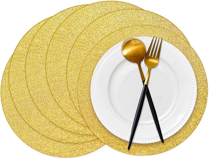 50 Pieces Gold Glitter Paper Place Mats Sparkle Round Disposable Table Mats Golden Sequin Doilies Decorative Placemats for Wedding Banquet Party Home Dining Tableware