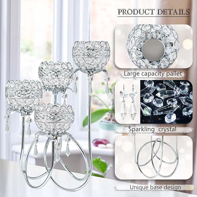 4 Arms Crystal Candelabra Tealight Holder - Tall 15.7 Inch Elegant Centerpiece with Crystal Pendant Bowls & Artistic Metal Stand for Wedding, Dining Table, Home Decor (4, Silver)