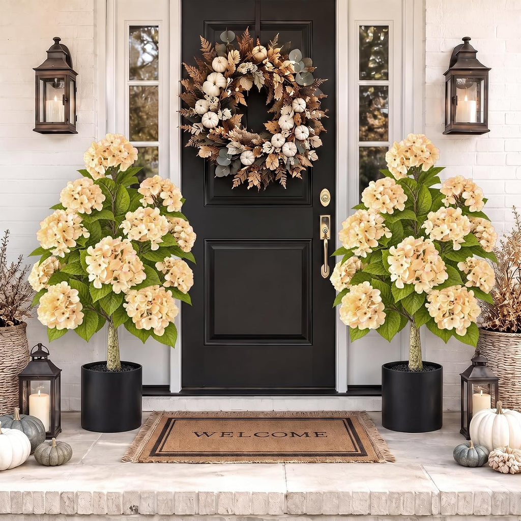 artificial hydrangea flowers tree in pot fall porch shown in use