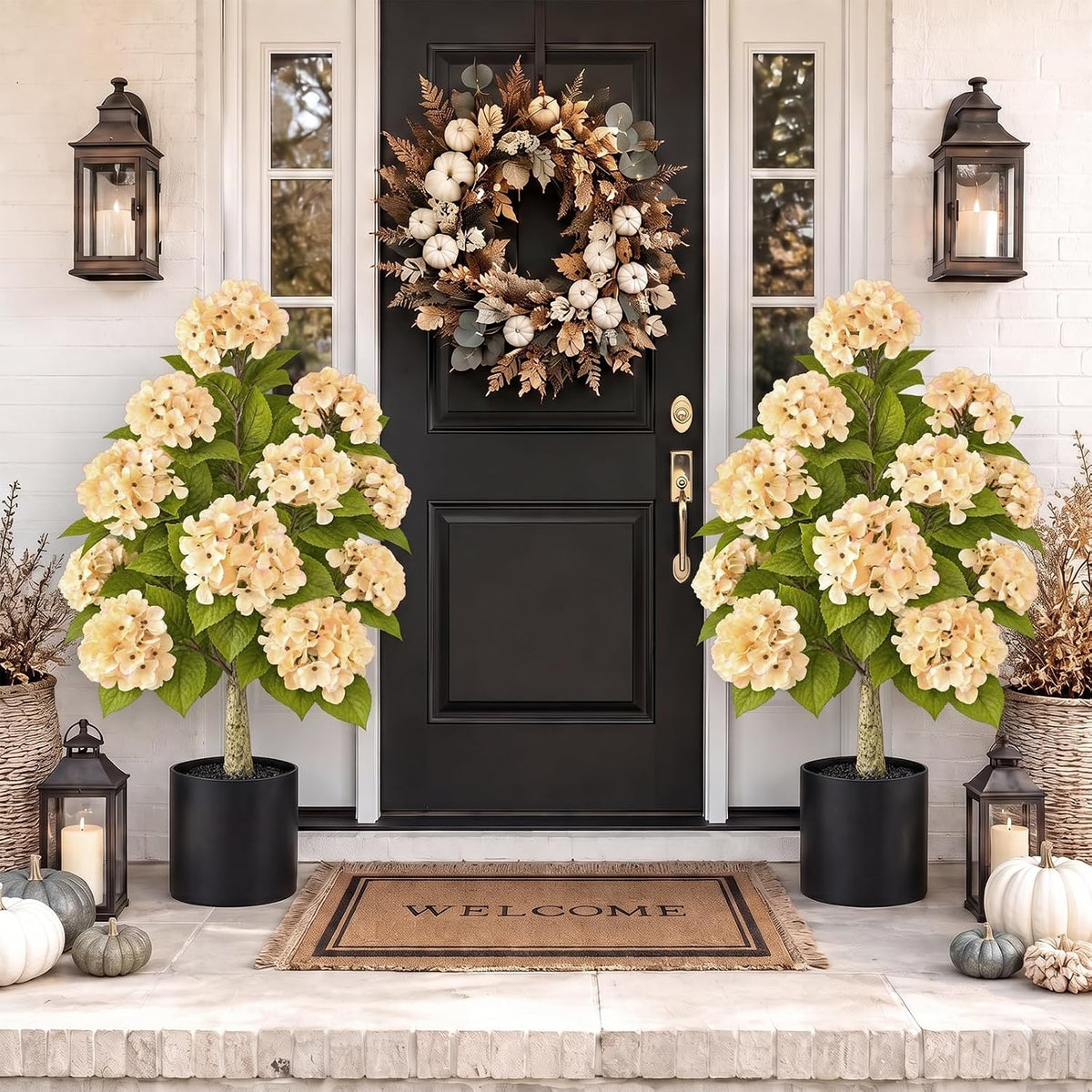 artificial hydrangea flowers tree in pot fall porch shown in use