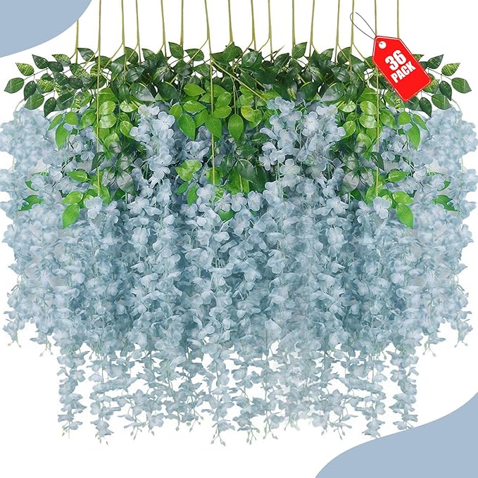 36 Pack Grey Wisteria Hanging Flowers, 3.44 Ft Fake Hanging Flowers, Artificial Wisteria Garland Vines for Wedding Room Backdrop Outdoor Patio Garden Decoration