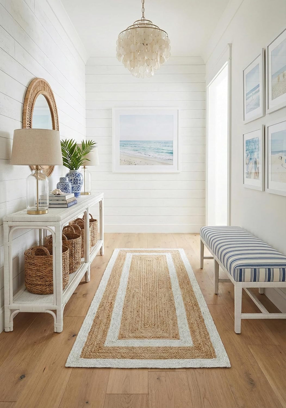 Double Border Jute Runner Rug, Off White, 2'6"x8' Boho Farmhouse...