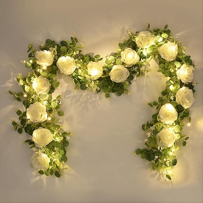 Dolicer 2Pcs 13Ft Artificial Eucalyptus Garlands with Flowers - 8 Roses, Faux Floral Greenery Garlands with 13Ft String Lights Fake Flower Vines for Wedding Table Centerpieces Arch Party Decor (White)