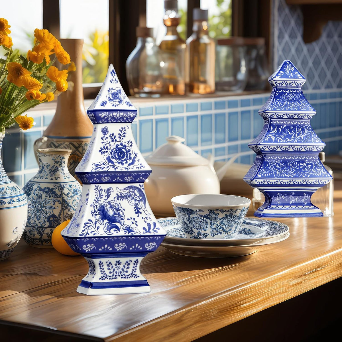 soaoo 3 pcs blue and white christmas ceramic on a desk or shelf