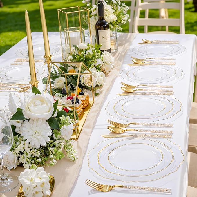 Liacere 150PCS Clear Gold Plastic Plates - Disposable Plastic Silverware with Glitter Bamboo Handle Cutlery-Baroque Clear Gold Disposable Plates for Wedding & Party & Thanksgiving &Fall Decor