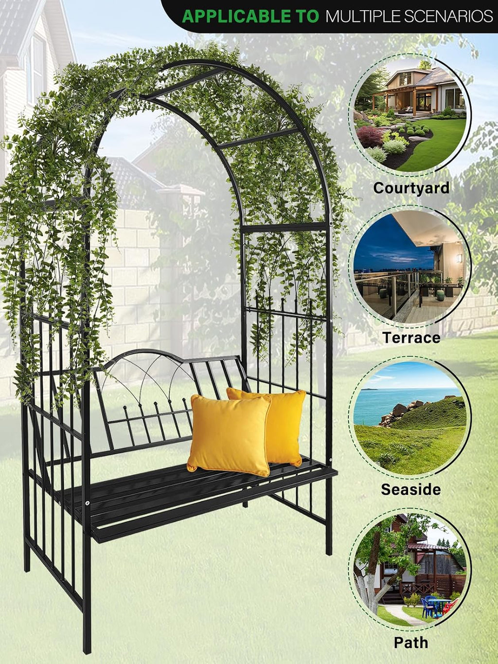 kalolary garden arbor with bench, metal garden arch showing dimensions
