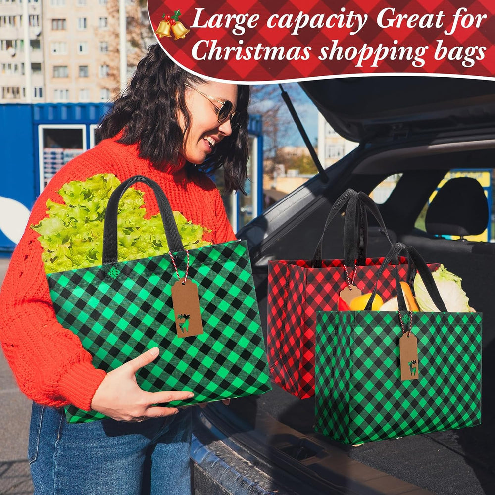24 Pcs Large Christmas Bags Tags Tote, Diagonal Plaid, Red Green Black