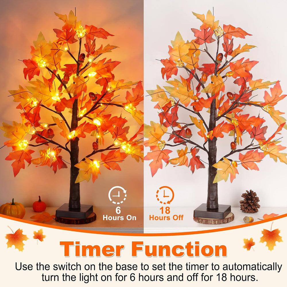2 Pack 24 Inch Lighted Fall Maple Trees, Battery Operated Artificial Thanksgi...