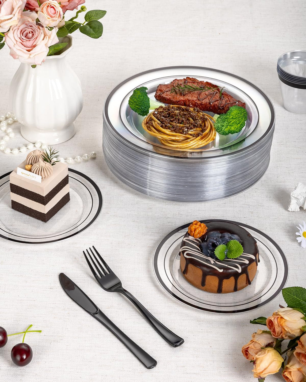 350 Pcs Clear Black Disposable Plastic Party Plate Cup Napkin Sets