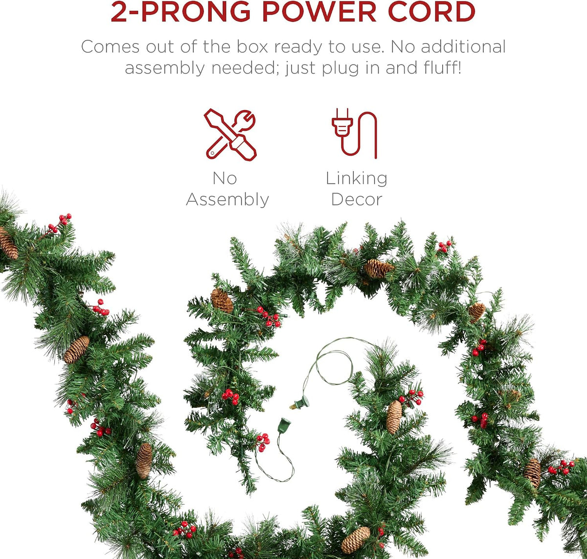 Best Choice Products 9ft Pre-Lit Holiday Pre-Decorated Christmas Garland for Stairs, Fireplace, Decoration w/PVC Tips, 50 LED Lights, Pine Cones, Berries