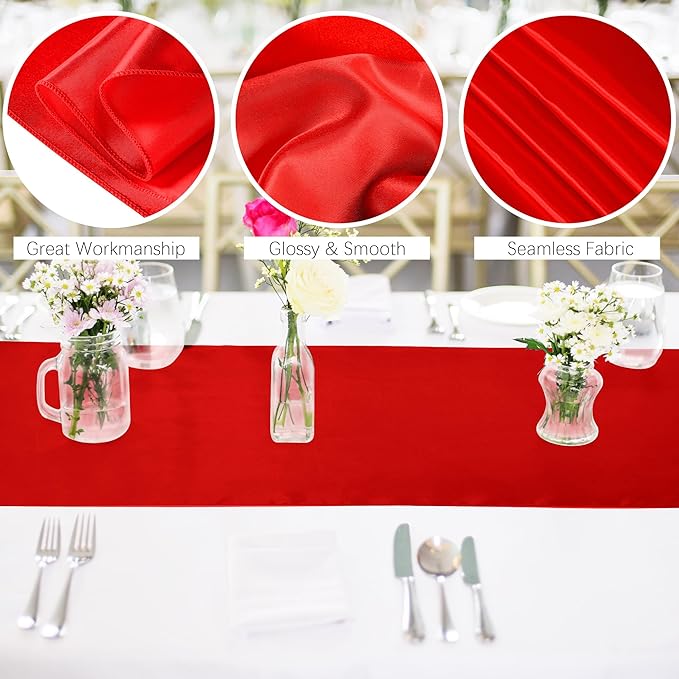 Aneco 16 Pack Satin Table Runner 12 X 108 Inch Red Long Wedding Satin Silk Table Runner for Wedding Banquet Graduations Birthday Party Decoration