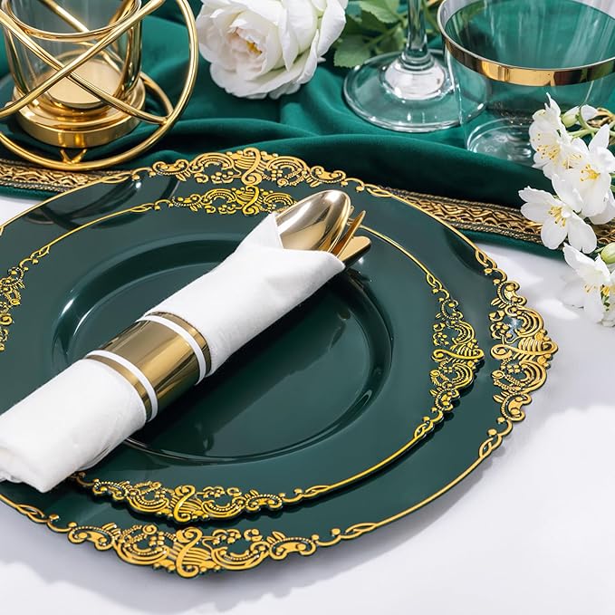 Nervure 350PCS Green Plastic Plates - Green Gold Plastic Dinnerware Sets for 50 Guests - 100 Disposable Plates, 150 Gold Silverware, 50 Cups, 50 Napkins for Wedding & Party & Christmas