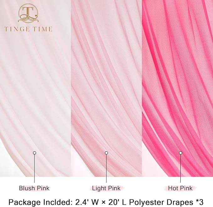 TINGE TIME 3 Panels Wedding Arch Draping Fabric, 30" x 20ft Hot Pink Chiffon Fabric Drapery Sheer Backdrop Curtain for Weddings Ceremony Party Decoration,Wedding Arch Drapes for Weddings Ceremony