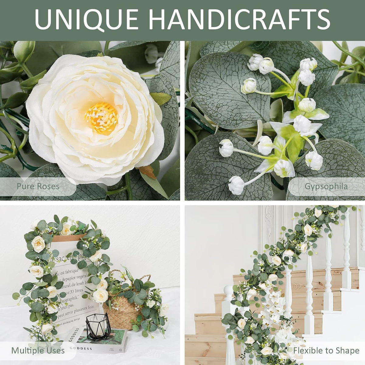 TOCHGREEN 4 Pack Artificial Eucalyptus Flower Garland with White Roses