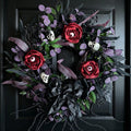 22 Inch Halloween Wreath with Black Roses Skeleton and Eye Balls for Front Door, Gothic Halloween Floral Wreath with Black Bow for Indoor Outdoor