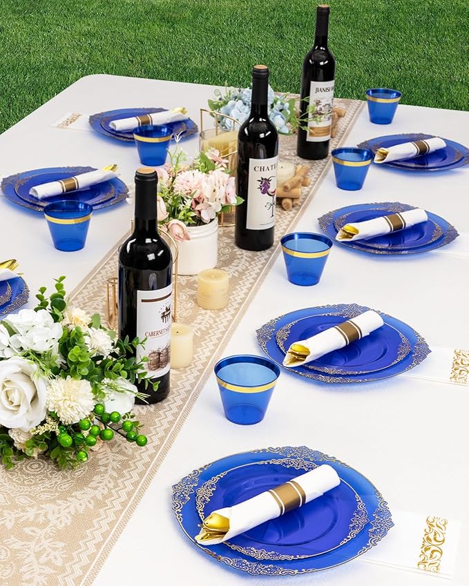 Goodluck 350 Piece Clear Blue Plastic Dinnerware Set for 50 Guests, Fancy Disposable Plates, Include: 100 Blue Rim Plastic Plates, 150 Silverwares, 50 Pre Rolled Napkins, 50 Cups for Party, Wedding