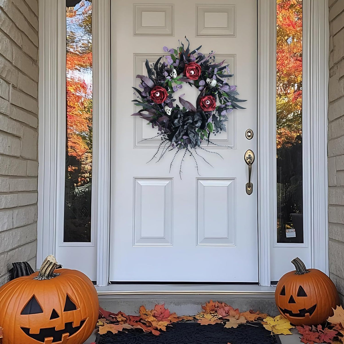 22 inch halloween wreath with black roses skeleton, side view