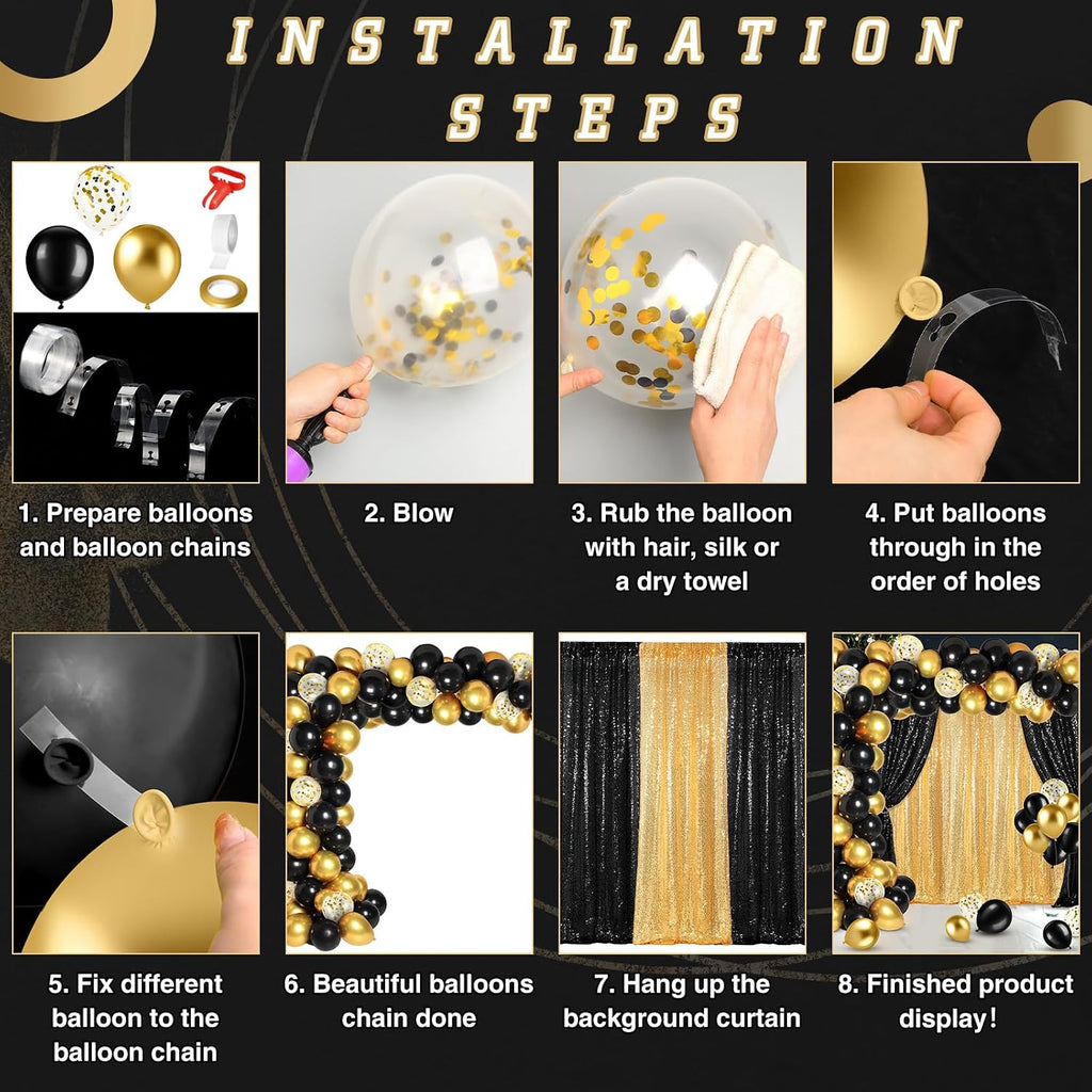SmoothNovelty 137Pcs Black Gold Sequin Backdrop Curtain Balloon Garland