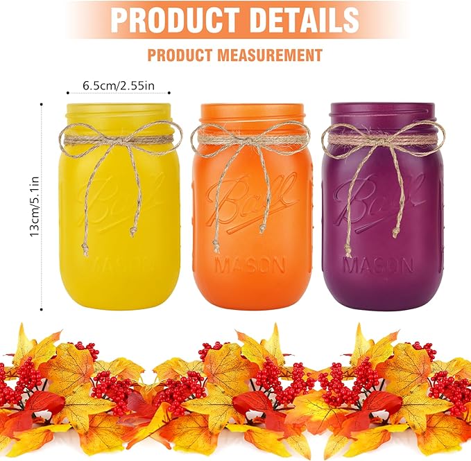 Fall Mason Jar Centerpieces for Tables – Thanksgiving Table Decorations with Autumn Leaves & Berries, Autumn Candle Holder Wreath Rings, Fall Taper Candle Rings for Dining Table